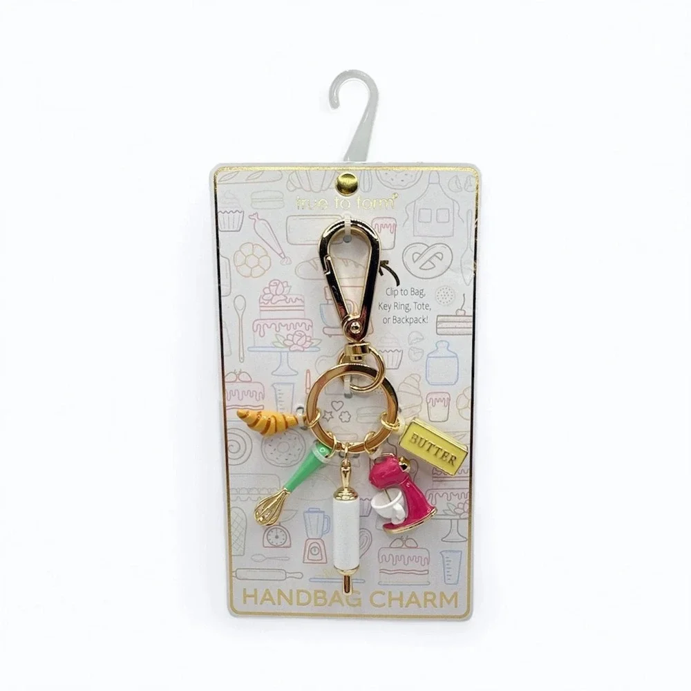 True to Form Baking Theme Handbag Charm Keychain Croissant Butter Rolling Whisk